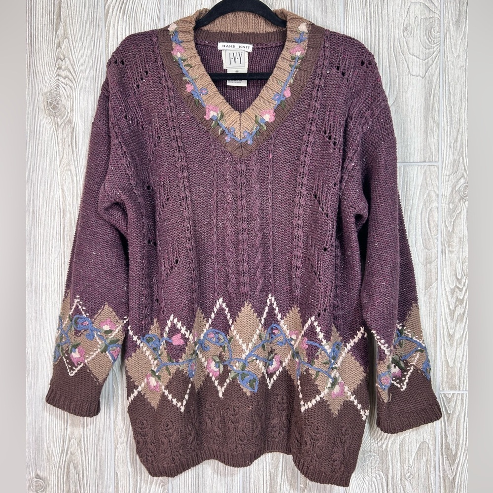 Vintage Hand Knit Oversized V Neck Floral 90’s Cotton Ramie Sweater Size M